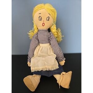 Vintage Handmade Cloth Doll With Stitched Facial Features Blond Hair Apron